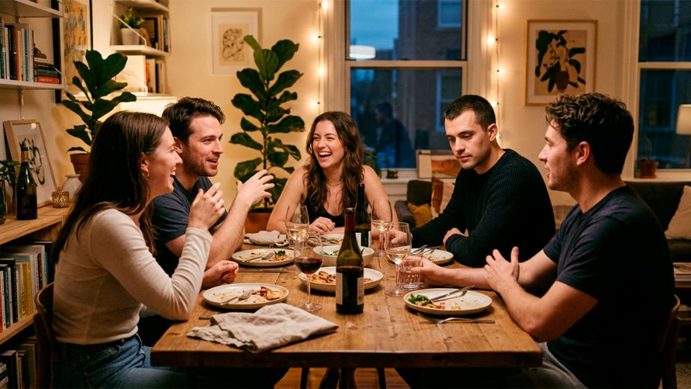 Amigos se divertindo em um jantar e pessoa se sentindo deslocada, representando a dificuldade de fazer amigos fora do Brasil.
