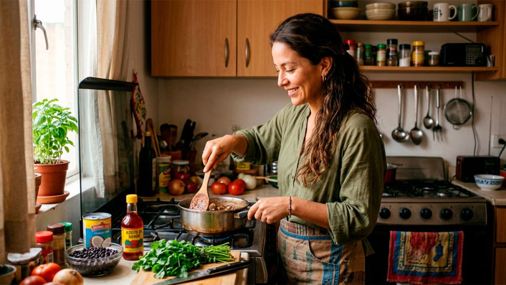 Mulher na cozinha de um apartamento fazendo uma receita brasileira, representando a preservação da própria identidade longe de casa