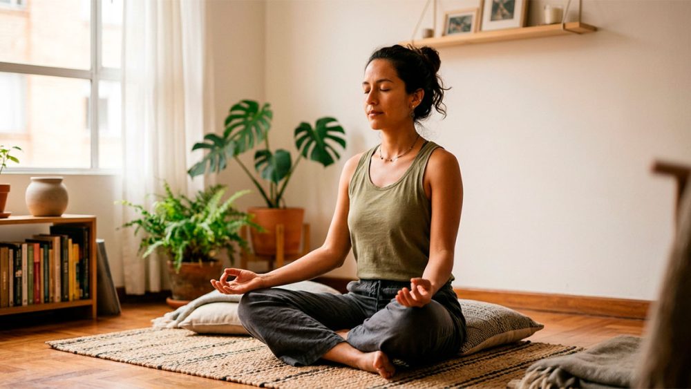 Mulher latina sentada em posição meditativa em apartamento simples com olhos fechados e expressão serena, ilustrando técnicas de mindfulness e respiração para lidar com a ansiedade no processo migratório