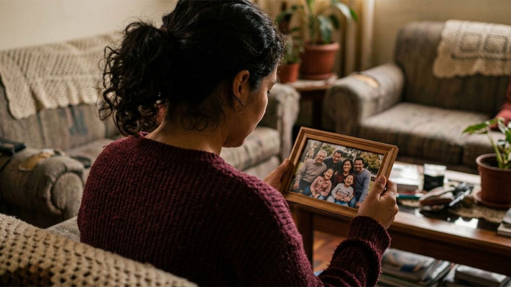 Mulher brasileira vista de costas segurando porta-retrato com foto de família, em apartamento aconchegante, representando a saudade e as perdas emocionais do luto migratório