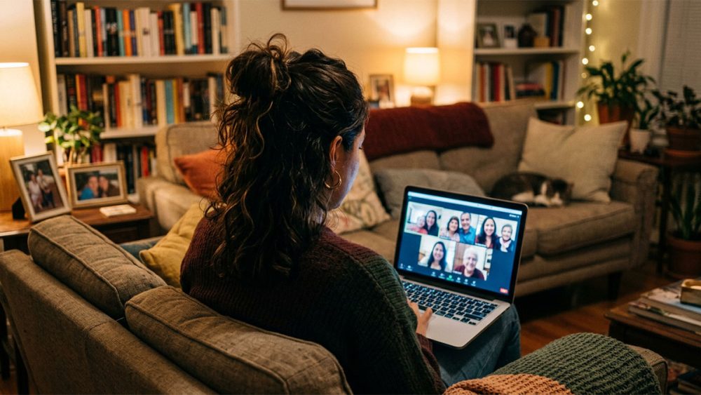 Mulher brasileira vista de costas em videochamada com familiares no laptop, em apartamento aconchegante ao anoitecer, representando o custo emocional da distância na experiência do imigrante