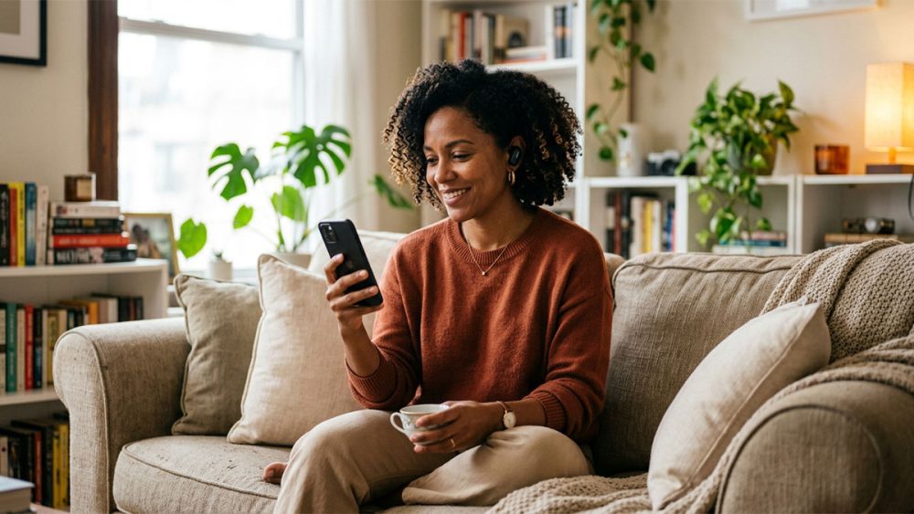Mulher negra brasileira sentada no sofá com fone de ouvido bluetooth e celular na mão, aprendendo outro idioma de forma leve e prazerosa em apartamento aconchegante