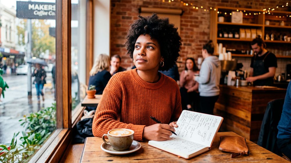 Parceira expatriada de cabelo cacheado sentada em um café, olhando pela janela pensativa, com um caderno de anotações aberto e uma xícara de café sobre a mesa.