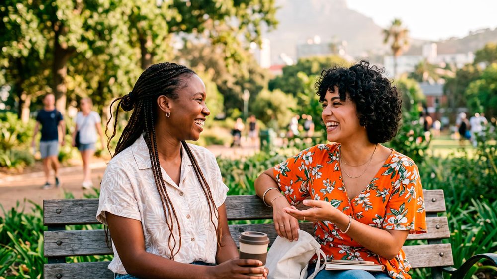 Duas mulheres latinas conversando e rindo em um banco de praça, ilustrando a importância de criar uma rede de apoio durante os primeiros meses da imigração.