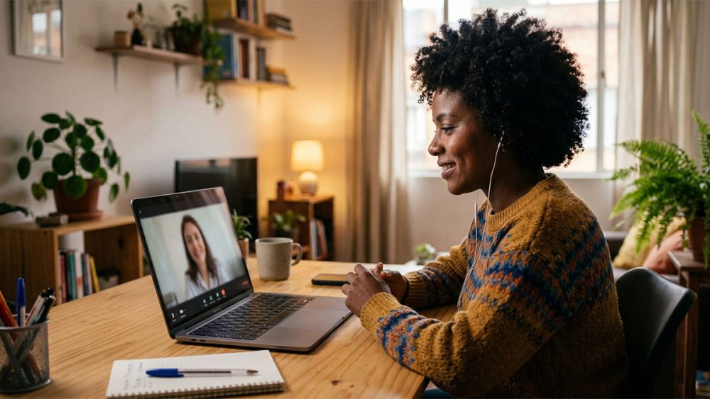 Mulher negra brasileira em sessão de terapia online com psicóloga intercultural, ilustrando o cuidado com a saúde mental no próprio idioma para brasileiros que vivem no exterior