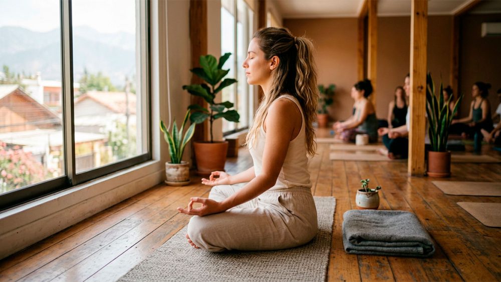 Mulher de olhos fechados meditando sentada em um estúdio de yoga com piso de madeira e janelas amplas, com outras pessoas ao fundo, ilustrando o autocuidado durante a adaptação ao mudar de país.