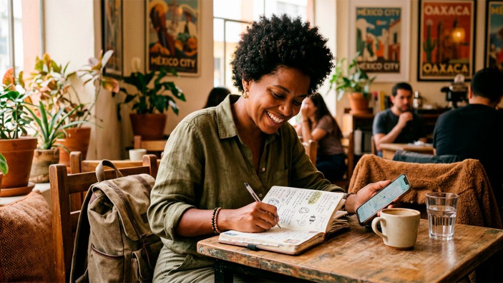 Mulher sorridente escrevendo em um caderno de viagem com celular na mão mostrando aplicativo de mapa, planejando seu roteiro para viajar sozinha em um café.