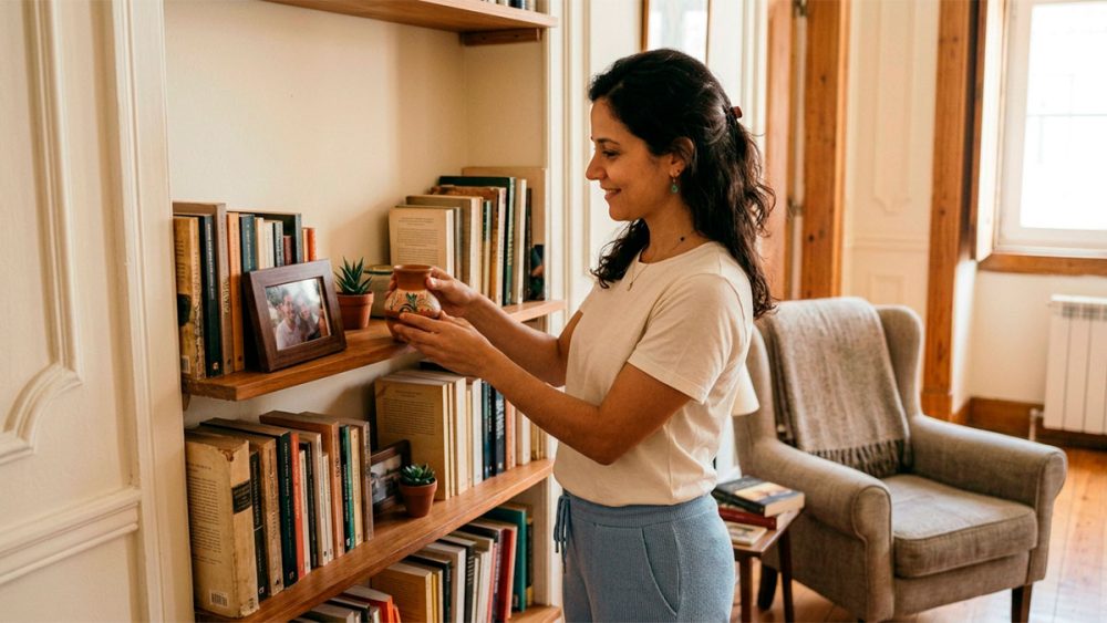 Mulher organiza um vaso artesanal em uma estante com livros e fotografia pessoal, em uma sala aconchegante de seu apartamento.